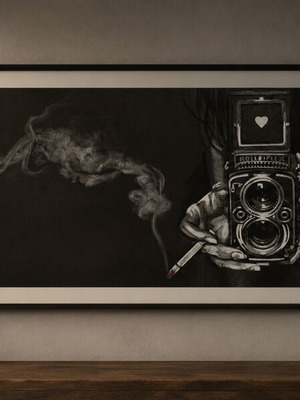 Painting 'Journey Through Time' with white charcoal on black board, new