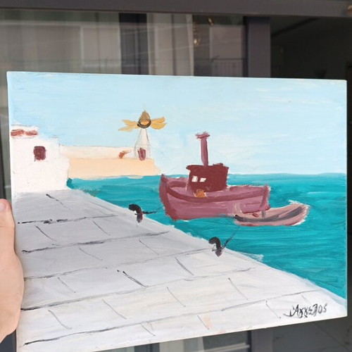 Handmade original children's painting on canvas, seascape