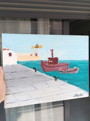 Handmade original children's painting on canvas, seascape
