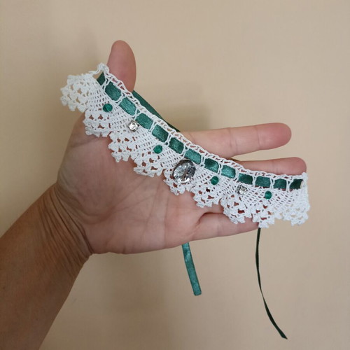 Vintage boho knitted choker necklace with petrol ribbon and crystals