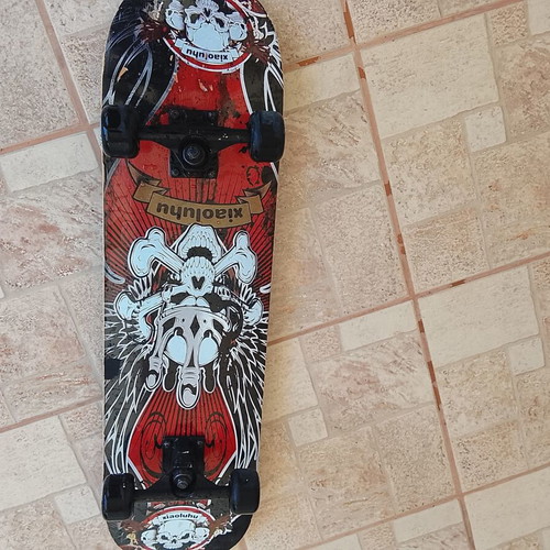 Xiaoluhu skateboard used with rock patina and skulls