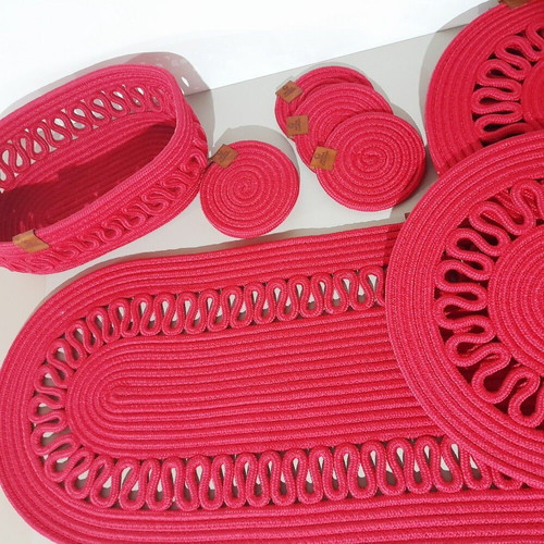 Set of 14 red placemats, runner, coasters like new