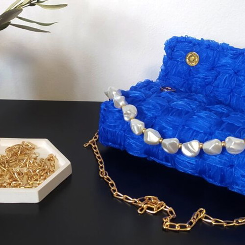 Organza Shoulder Bag new, royal blue with pearl handle and gold chain