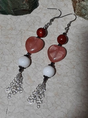 Earrings coral, quartz hearts, white onyx, surgical steel and silver chains new