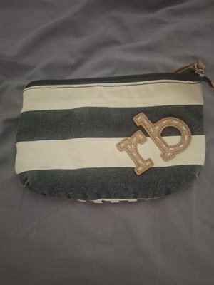 Roccobarocco fabric toiletry bag used, blue and ecru striped clutch