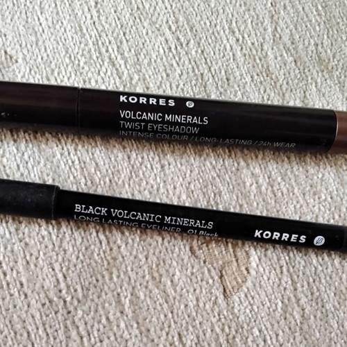 Korres eye pencil and eyeshadow pencil set used, black and golden bronze