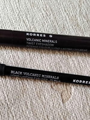 Korres eye pencil and eyeshadow pencil set used, black and golden bronze