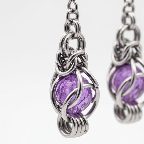 Earrings with Byzantine chainmail and purple stone, new stainless steel