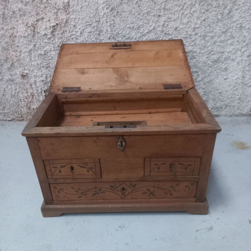 Greek carved wooden chest used, antique with decorative motifs and drawers