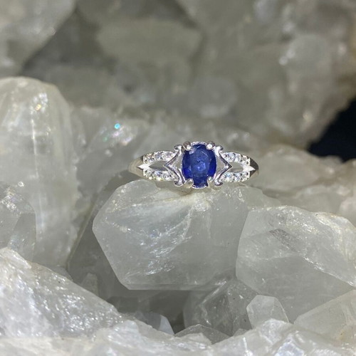 Handmade silver ring with natural blue sapphire and moissanites size 8