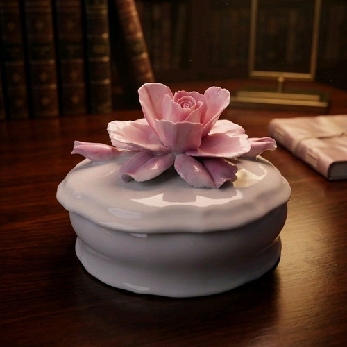 Nuova Capodimonte porcelain jewelry box with pink rose