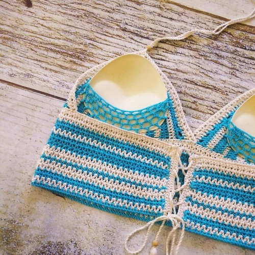 Handmade knitted swimsuit new, size M/L, beige and turquoise