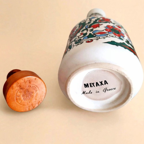 Metaxa vintage ceramic bottle 1970s Iznik floral with wooden stopper