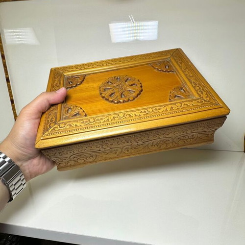 Wooden carved storage box used, handmade with fabric lining