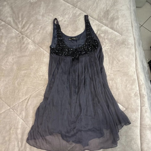 Lynne babydoll evening dress with beaded neckline, charcoal grey
