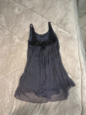 Lynne babydoll evening dress with beaded neckline, charcoal grey