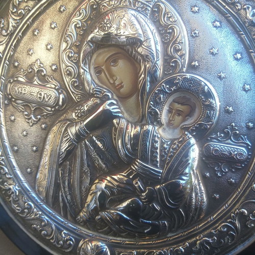 Silver icon of Panagia like new, pure silver 959 with traditional iconography