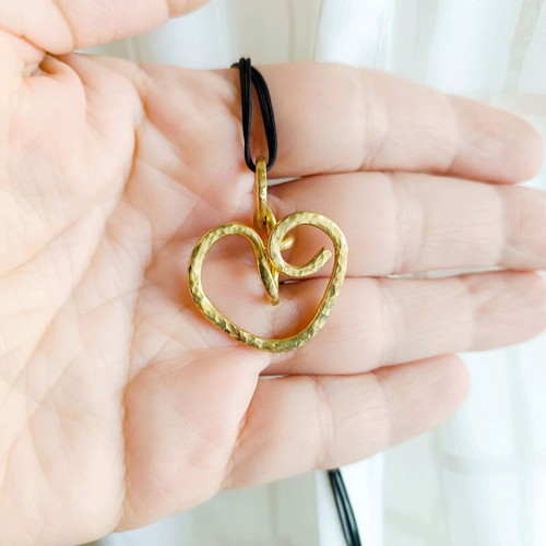 Handmade heart pendant brass with pink Swarovski beads and black nylon cord