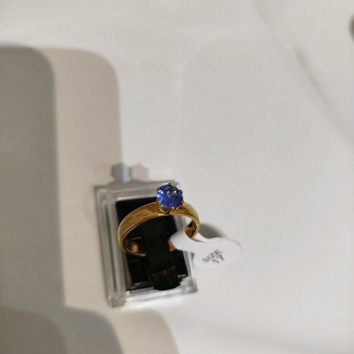 Stainless steel solitaire ring with blue stone, size 17