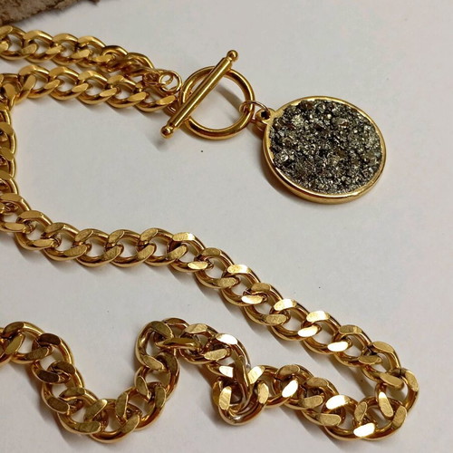 Necklace with pyrite handmade, gold plated stainless steel new
