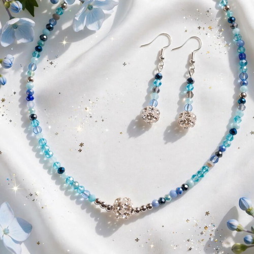 Handmade blue crystal beaded jewelry set, elegant necklace and earrings