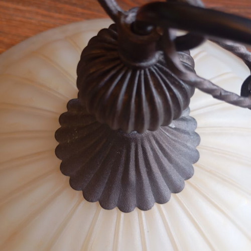 Vintage single pendant ceiling lights used with ribbed glass and bronze suspension
