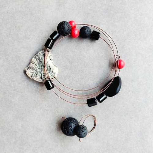 Handmade Lava Stone Bracelet and Ring Set, Black and Red