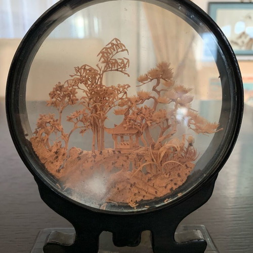 Diorama micro-sculpture on cork used with wooden base and glass