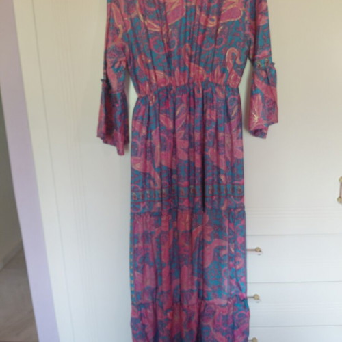 Indian Boho Maxi Dress Art Silk turquoise purple fuchsia like new