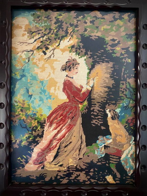 Embroidered painting in antique wooden frame handmade embroidery from the 60s