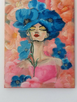 Handmade painting 30x40 cm with floral female face, new