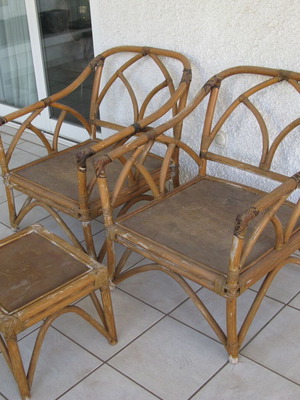 2 McGuire style rattan armchairs and 1 stool with cushions