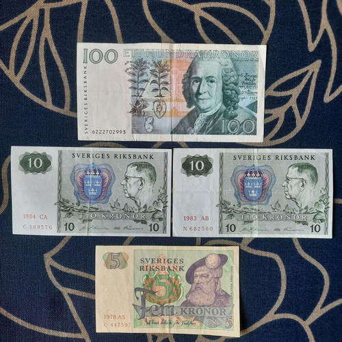 Sweden collectible banknotes - 5, 10 & 100 kronor