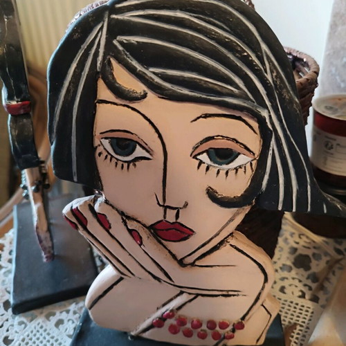 Handmade clay tabletop girl sculpture