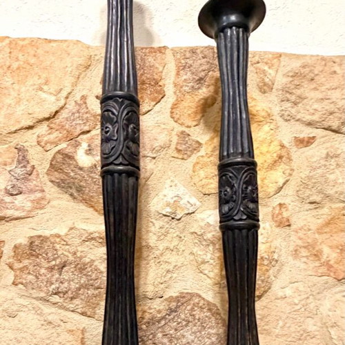 Set of 2 wooden floor candlesticks used, vintage neoclassic style