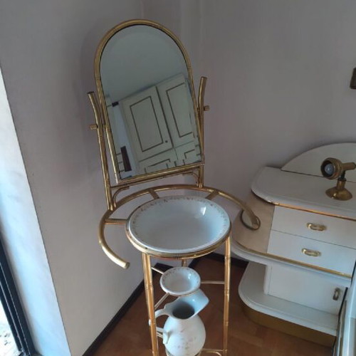 Antique washstand with mirror, porcelain and brass base like new