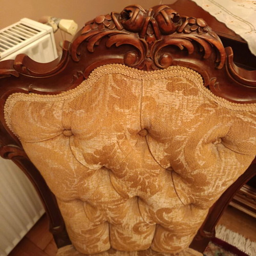 Walnut chairs with rose design like new, handmade set of two