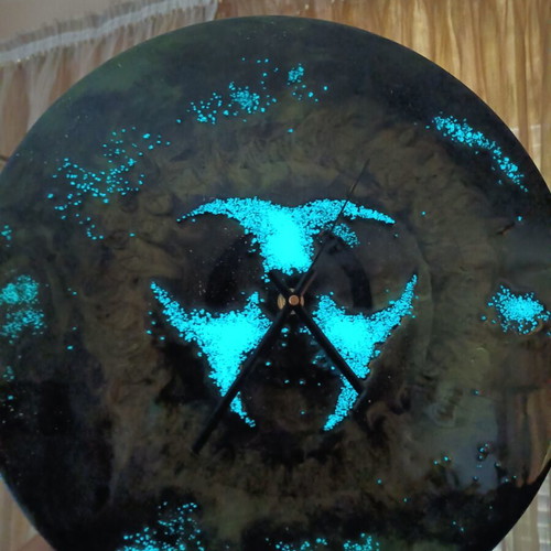 Handmade wall clock with liquid glass biohazard design