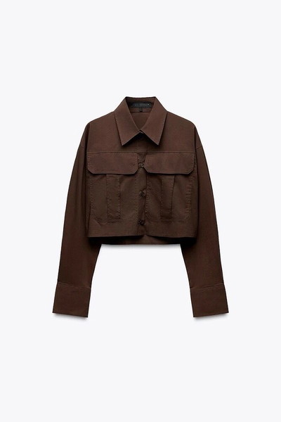 Zara brown cropped poplin shirt / Zara καφέ κοντό πουκάμισο ποπλίνα