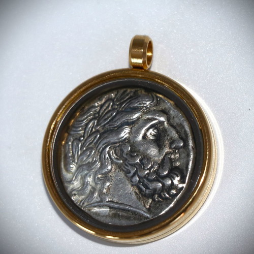 Pendant with ancient silver-plated coin - replica - Amphipolis - Philip, glass case 22K gold-plated