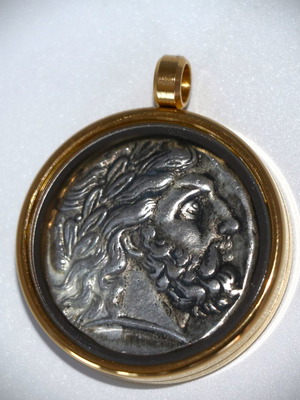 Pendant with ancient silver-plated coin - replica - Amphipolis - Philip, glass case 22K gold-plated