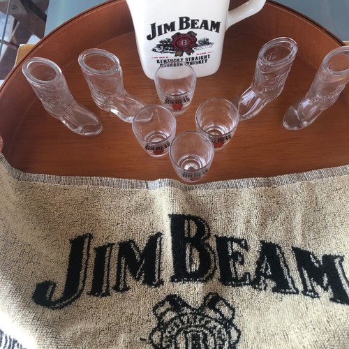 Jim Beam promotional set with shot glasses boots, classic glasses, pitcher, towel new