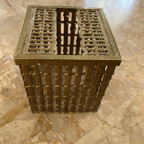 Tissue box holder used, metal, gold, stainless steel, vintage
