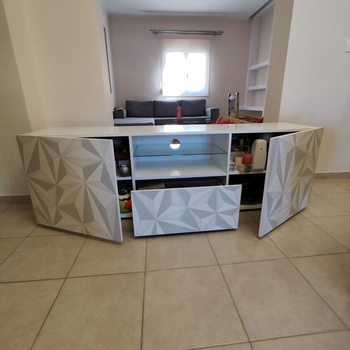 Modern TV stand with geometric design, white and grey