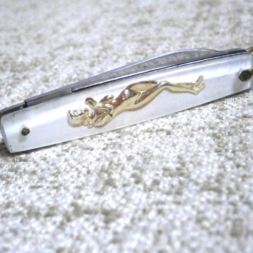 Folding Knife with Enameled Handle and Nude Figure, Stainless Steel Blade, 1960s