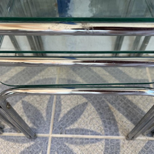 Set of 3 glass and metal coffee tables