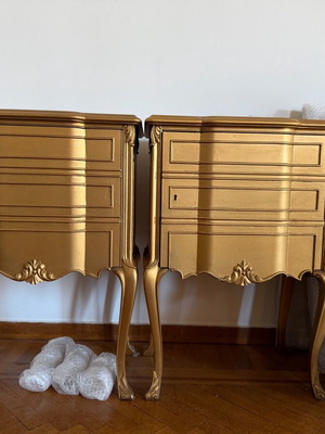 Pair of vintage classic nightstands used, upcycled in gold and red