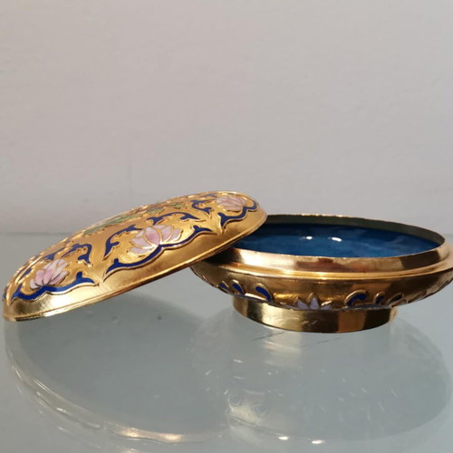 Cloisonne jewelry box used, gold tone with floral motifs and butterflies