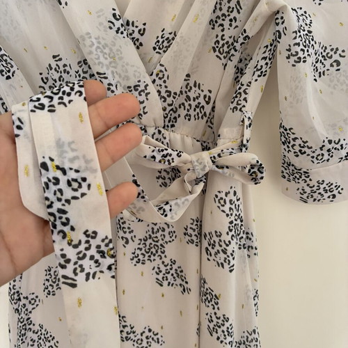 Boho Kimono Sleeve Sheer Faux Wrap Maxi Dress, Gold Lurex Print, Size S