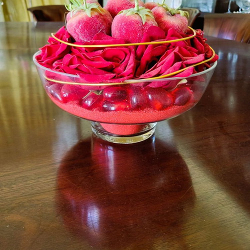 Decorative glass bowl centerpiece with red roses and velvet fruits like new
